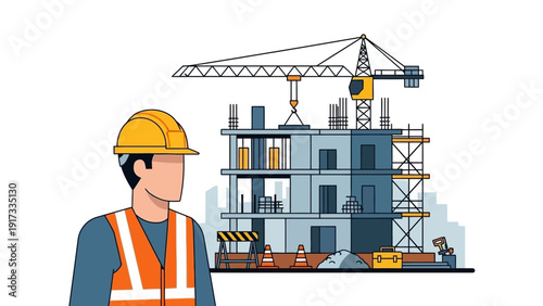 Construction Worker Standing Near Building Site.