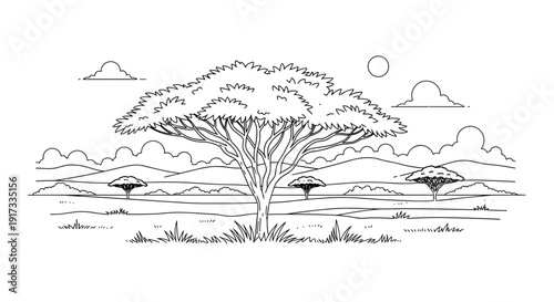 Acacia Tree Landscape Illustration.
