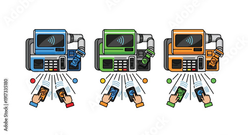 Illustration of a cashier and robot operating colored payment terminals with customers' hands holding cards and money in a transactional scene.