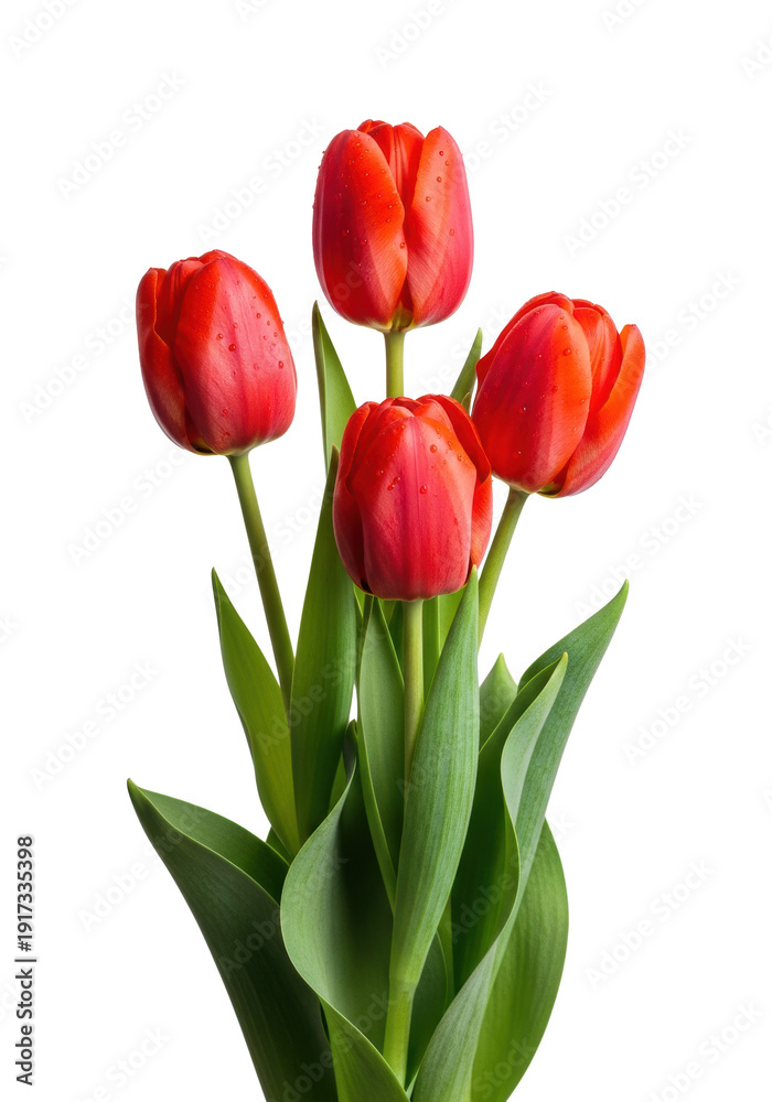 Naklejka premium four vibrant red tulip flowers, macro close-up, showcasing velvety petals and glistening dewdrops, set against a transparent background with copy space, still-life botanical beauty atmosphere