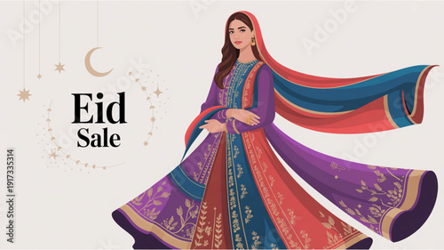 Eid Couture Advertisement with Graceful Woman and Jewel Tone Dress