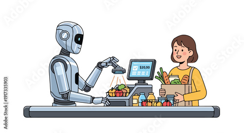 An AI robot interacts with a cashier while processing groceries on a digital checkout screen with a colorful array of products.