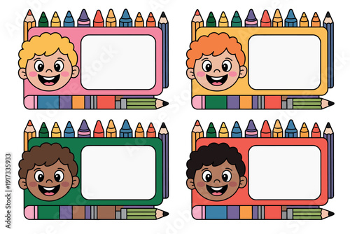 A colorful illustration of four diverse children surrounded by crayons and pencils in a fun educational setting.
