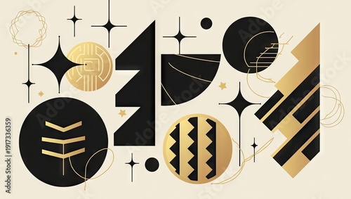 Abstract shapes, celestial elements, golden accents, arranged design, cream background