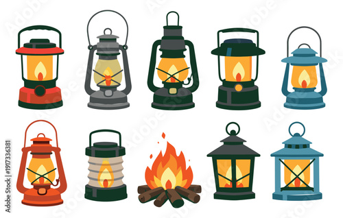 Flat design camping lanterns and campfire set featuring a variety of traditional and modern lamps for outdoor activities