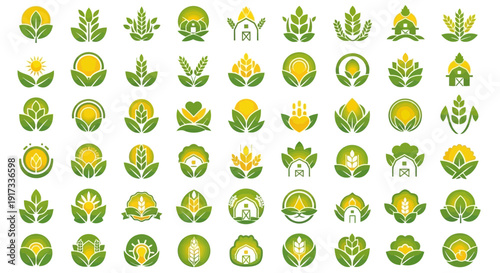 Farming and Agriculture Icons: Barns, Wheat, Sun, and Leaves