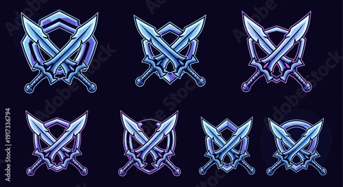 Set of Futuristic Crossed Swords and Shields Emblems in Blue