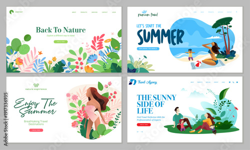 Summer Travel and Outdoor Lifestyle Web Banners 4 Flat Vector Landing Page Designs with Tropical Leaves, Beach Scenes and Floral Illustrations
