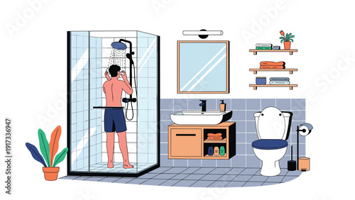 Man washing his body with soap and water in a modern glass shower cabin within a clean and well-organized bathroom.
