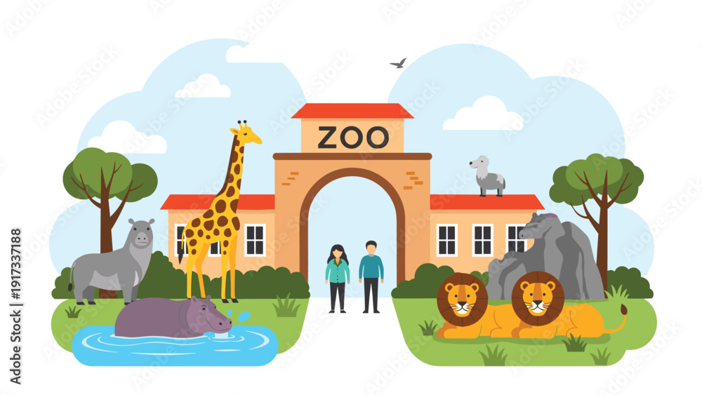 Obraz premium Family-friendly zoo entrance featuring various exotic animals like a giraffe, hippopotamus, and lions along with two visitors at the gate.