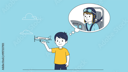 Aspiring young boy holding a toy airplane and dreaming about becoming a professional pilot flying high in the sky through clouds.