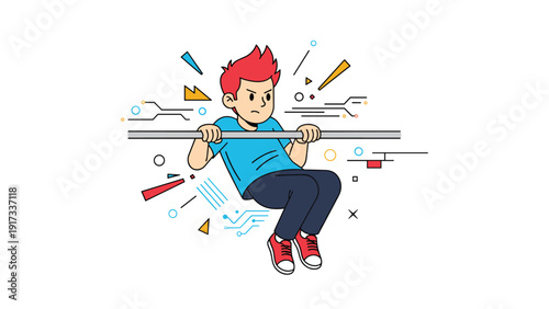 Strong young boy with red hair performing pull-ups on a horizontal bar with abstract energy lines showing strength and determination.