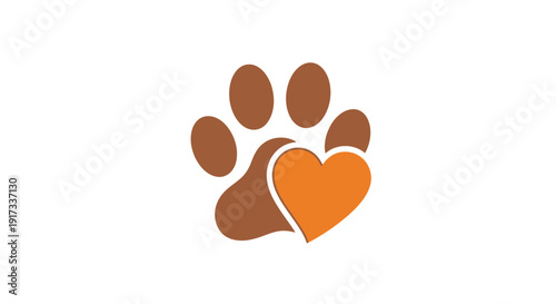 Single Brown Paw Print with Orange Heart Logo Isolated Vector