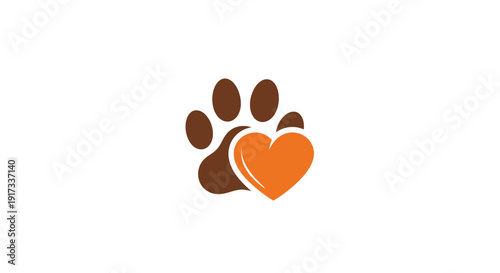Brown Paw Print with Orange Heart Logo Isolated Vector