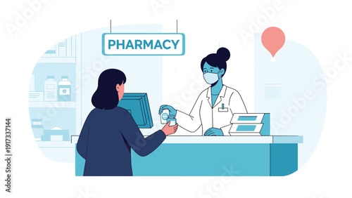Professional pharmacist wearing a medical mask and assisting a female customer at a pharmacy counter with various medicine bottles on shelves.