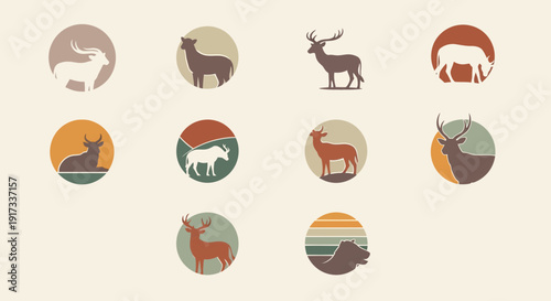 Vintage Animal Silhouettes Set in Circles and Abstract Shapes