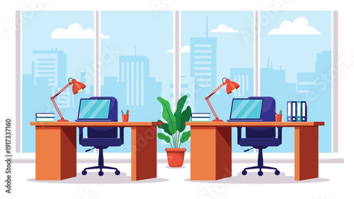 Two clean and organized modern office desks equipped with laptops and lamps in a bright room with a beautiful city view.