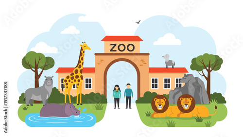 Family-friendly zoo entrance featuring various exotic animals like a giraffe, hippopotamus, and lions along with two visitors at the gate.