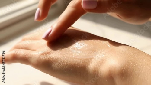 Woman's Hands Gently Touching Water Droplet on Palm in Bright Sunlight, Close-Up