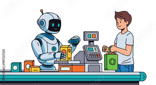 A robot cashier hands a shopping bag to a man at a checkout counter with a clean white background and a mix of colorful boxes, conveying a modern retail experience.