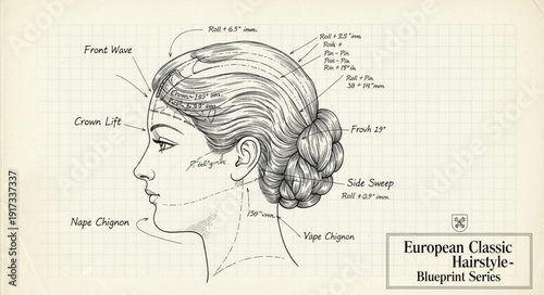 Detailed Blueprint Illustration of a Classic European Hairstyle.