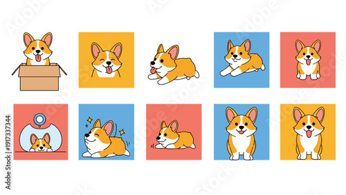 Adorable set of Corgi dog illustrations showing the puppy in various cute poses like running, jumping, hiding, and sleeping in boxes.