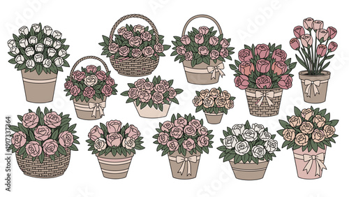 Beautiful variety of flower arrangements including roses in baskets, pots, and vases with various colors for gifts and home decor.