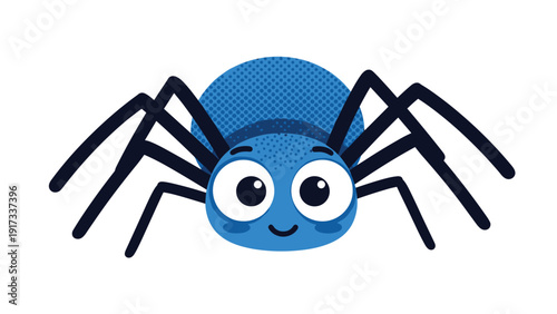 Extremely cute and friendly blue spider character with large expressive eyes and a smile on a clean white background for children.