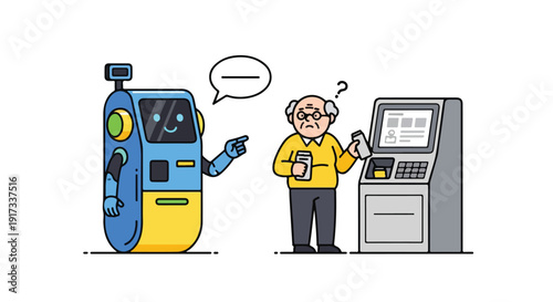 An elderly man interacts with a robot and a cashier machine, illustrating automation and technology in a retail setting with a mix of modern and futuristic elements.