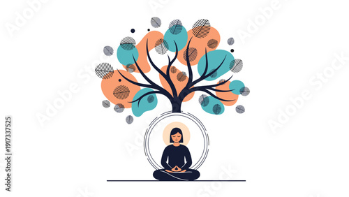 Serene woman meditating in a lotus pose under a stylized artistic tree with colorful abstract leaves for peace and mental wellness.