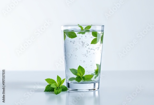 Glass of water with mint leaves, floating and resting, on reflective white surface