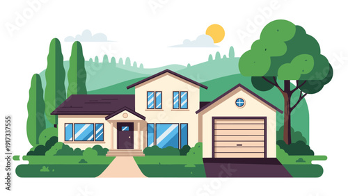 Charming modern house with a large green tree, garage, and front yard nestled in a peaceful hilly landscape under a bright sun.