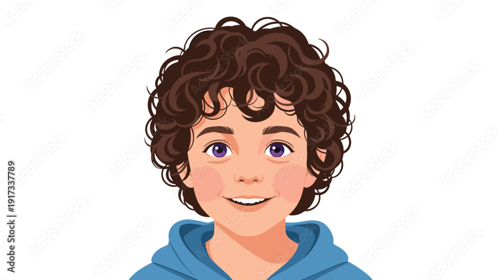 Fototapeta premium Cheerful young boy with brown curly hair and bright purple eyes wearing a blue hoodie and smiling warmly at the camera.