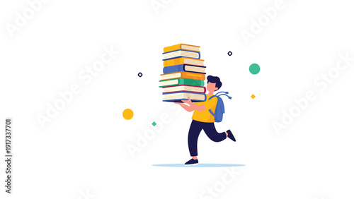 Motivated student running fast with a very tall stack of books and a backpack to symbolize a busy education and hard work.