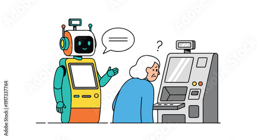An elderly woman interacts with a robot at an ATM, the robot assisting her with a speech bubble, on a clean white background.