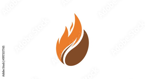 Stylized coffee bean with abstract orange and brown flames logo