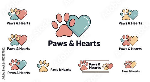 Paws and Hearts logo designs in multiple color variations