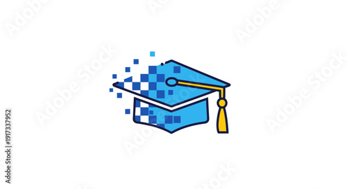 Pixelated blue graduation cap with yellow tassel, modern design