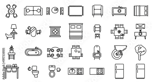 Collection of hand-drawn interior design furniture and object icons.