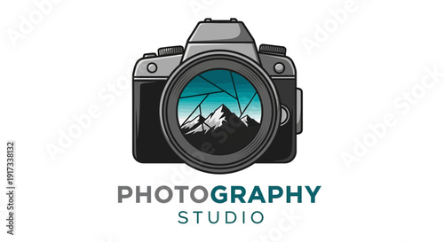 Vintage Camera with Mountain Landscape Reflection - Photography Studio Logo