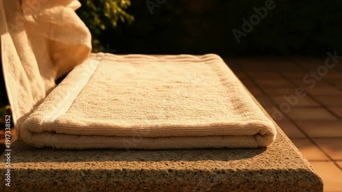Hands Carefully Folding Stacked Beige Towels on Wooden Surface in Warm Sunlight