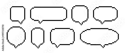 Black pixel text dialog boxes. Empty pixelated frame collection. Retro 8 bit shape pack for speach box, chat bubble, message cloud, communication dialog, talk balloon. Vector binary border bundle