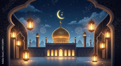 Islamic mosque with golden dome illuminated by lanterns and fireworks under a starry night sky