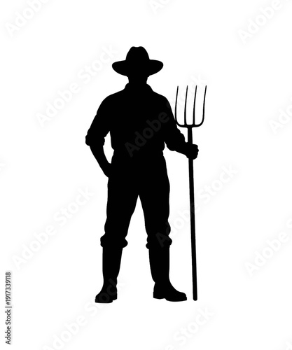 Farmhand Silhouette Holding Pitchfork Against Neutral Sky, Classic Rural Worker Pose