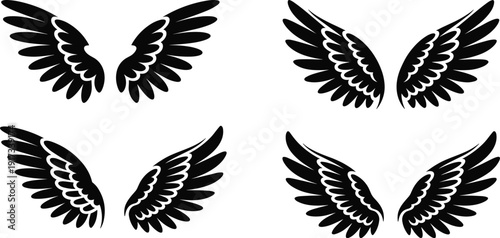 Black angel wings silhouettes set, stylized feathered wing icons collection, tattoo design elements isolated on white background