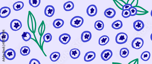 Seamless hand drawn blueberry pattern. Repeated background with doodled blueberries with green leaves. Cute sketched berries wallpaper design for fabric and textile print, wrapping paper. Vector