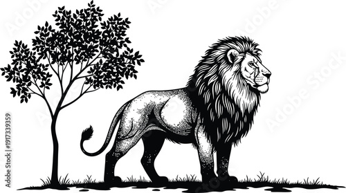 A minimalist silhouette of a lion, with a single, stylized branch in the background.  Focus on the powerful form and the sense of the African savanna