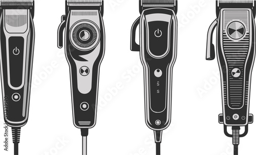 Collection of modern electric hair clippers and trimmers, professional grooming tools with adjustable settings, stylish designs, and ergonomic features