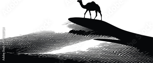 a silhouette of a dromedary (Arabian camel) riding a sand dune, conveying a sense of journey and solitude, detailed texture
