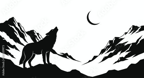A sleek, dark wolf silhouette against a rocky, snow-covered landscape. Emphasize the silhouette’s form and the texture of the snow